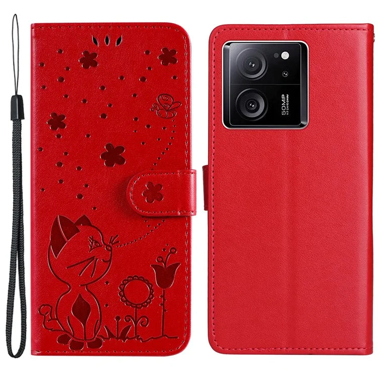 KT Imprinting Flower Series-4 For Xiaomi 13T Pro / 13T / Redmi K60 Ultra Case Cat Imprinted Wallet Phone Cover