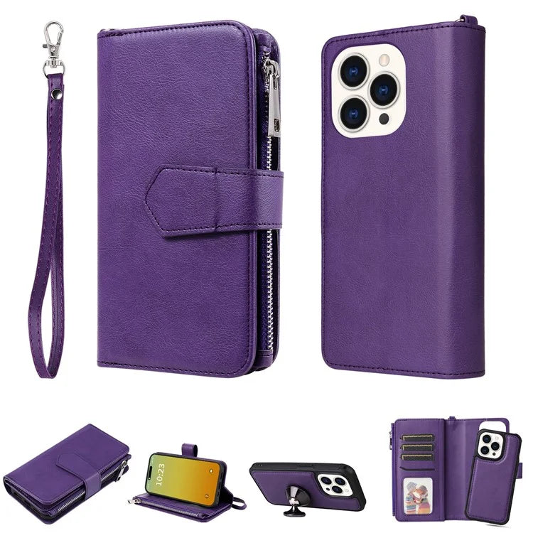 KT Multi-functional Series-4 for iPhone 15 Pro Case Slim-Fit Zipper Leather Wallet Stand Phone Cover