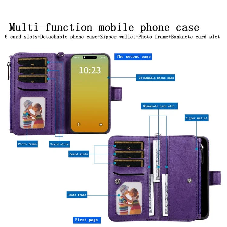 KT Multi-functional Series-4 for iPhone 15 Pro Case Slim-Fit Zipper Leather Wallet Stand Phone Cover