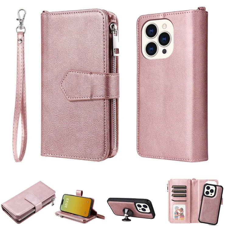KT Multi-functional Series-4 for iPhone 15 Pro Case Slim-Fit Zipper Leather Wallet Stand Phone Cover