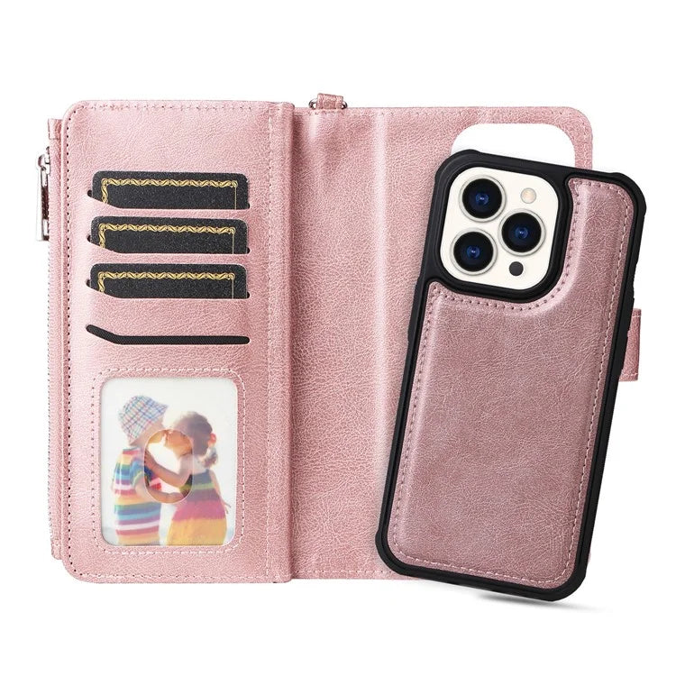 KT Multi-functional Series-4 for iPhone 15 Pro Case Slim-Fit Zipper Leather Wallet Stand Phone Cover
