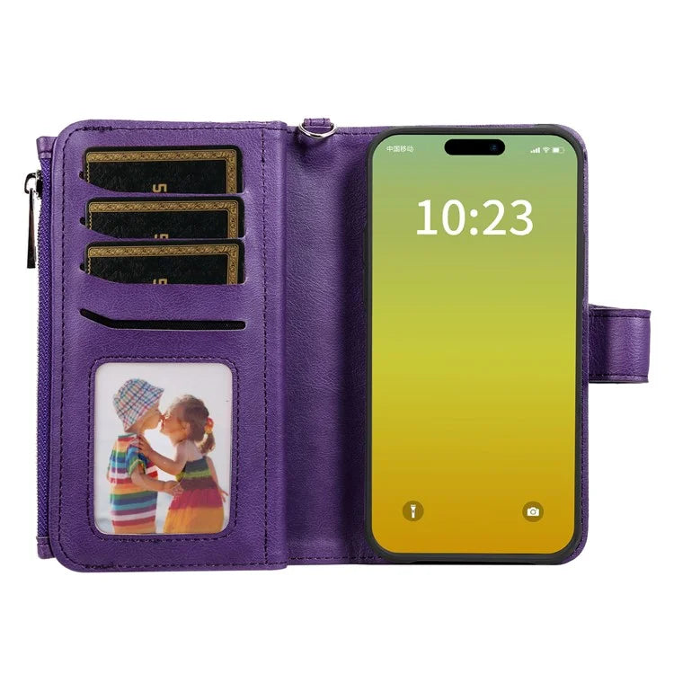 KT Multi-functional Series-4 Leather Phone Cover for iPhone 15 Case Wallet Stand Zipper Phone Shell