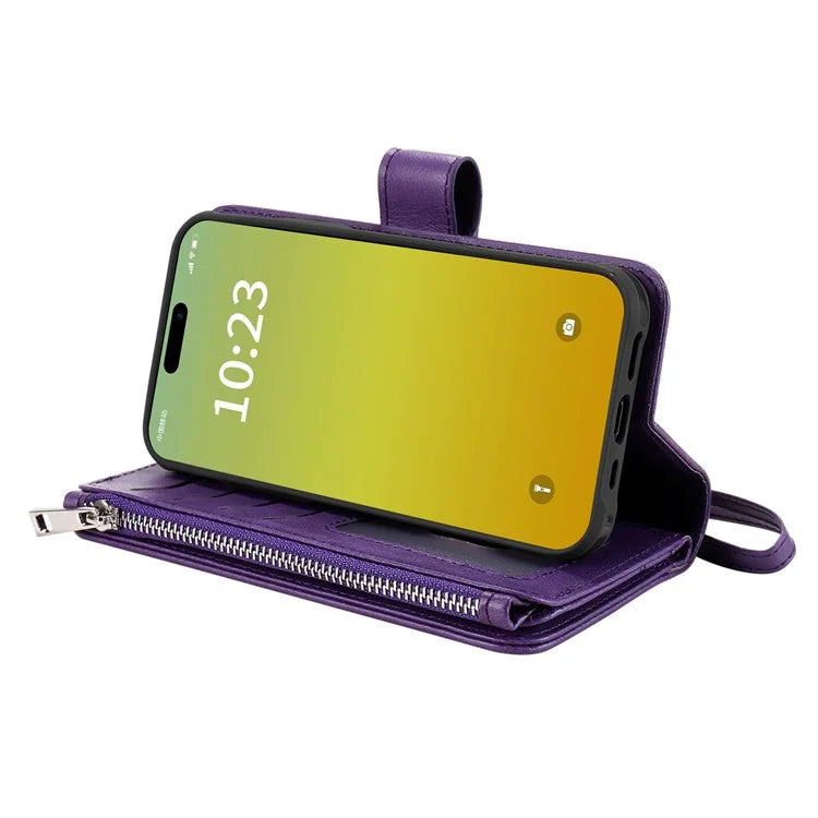 KT Multi-functional Series-4 Leather Phone Cover for iPhone 15 Case Wallet Stand Zipper Phone Shell