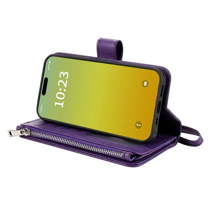 KT Multi-functional Series-4 Leather Phone Cover for iPhone 15 Case Wallet Stand Zipper Phone Shell
