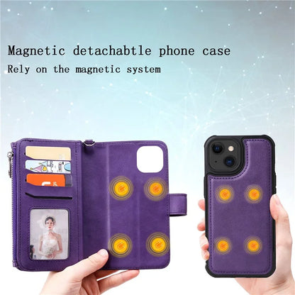 KT Multi-functional Series-4 Leather Phone Cover for iPhone 15 Case Wallet Stand Zipper Phone Shell