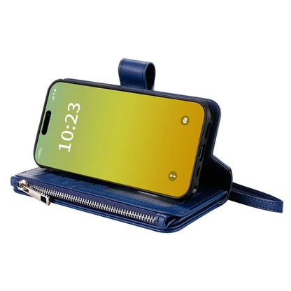 KT Multi-functional Series-4 Leather Phone Cover for iPhone 15 Case Wallet Stand Zipper Phone Shell
