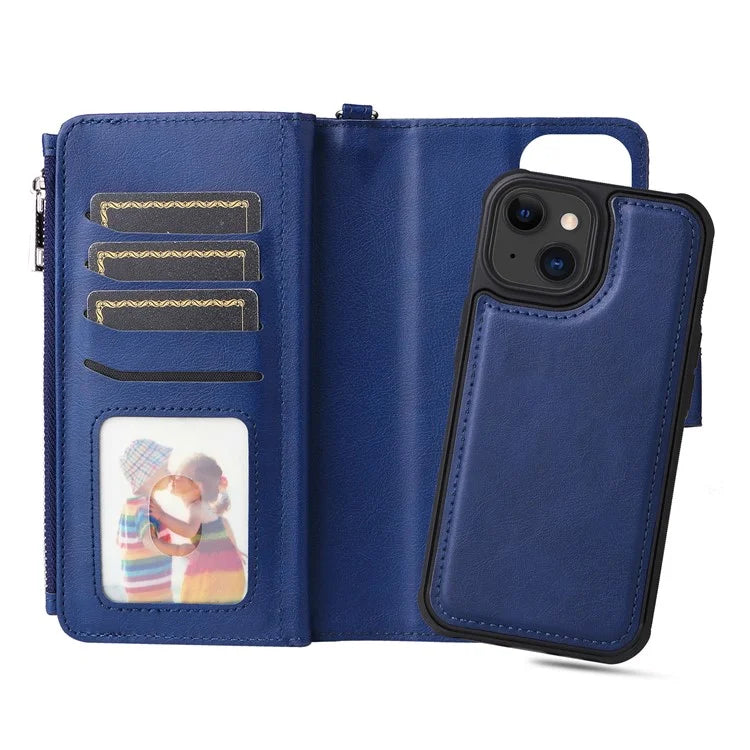 KT Multi-functional Series-4 Leather Phone Cover for iPhone 15 Case Wallet Stand Zipper Phone Shell