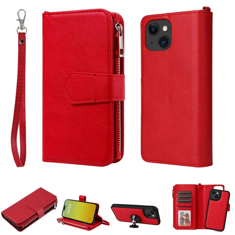 KT Multi-functional Series-4 Leather Phone Cover for iPhone 15 Case Wallet Stand Zipper Phone Shell