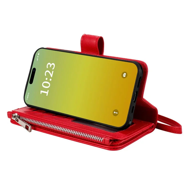KT Multi-functional Series-4 Leather Phone Cover for iPhone 15 Case Wallet Stand Zipper Phone Shell