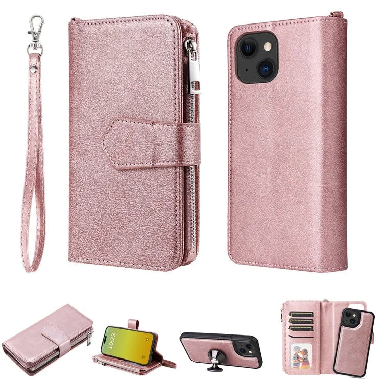 KT Multi-functional Series-4 Leather Phone Cover for iPhone 15 Case Wallet Stand Zipper Phone Shell