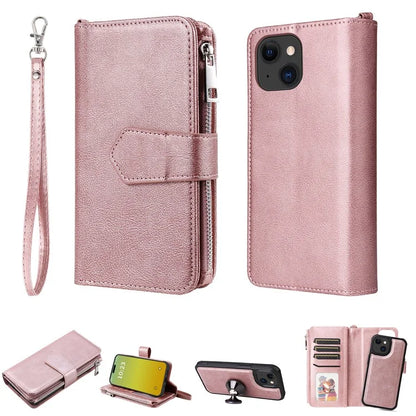 KT Multi-functional Series-4 Leather Phone Cover for iPhone 15 Case Wallet Stand Zipper Phone Shell