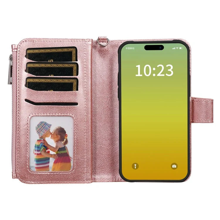 KT Multi-functional Series-4 Leather Phone Cover for iPhone 15 Case Wallet Stand Zipper Phone Shell