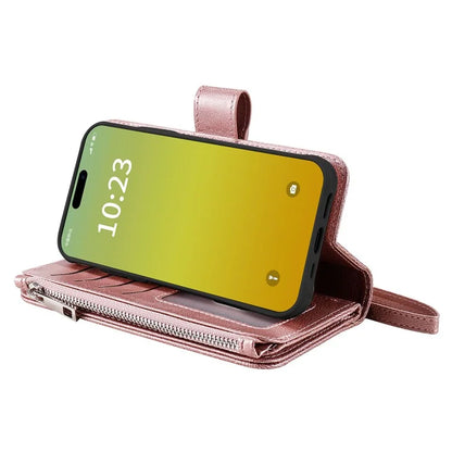KT Multi-functional Series-4 Leather Phone Cover for iPhone 15 Case Wallet Stand Zipper Phone Shell