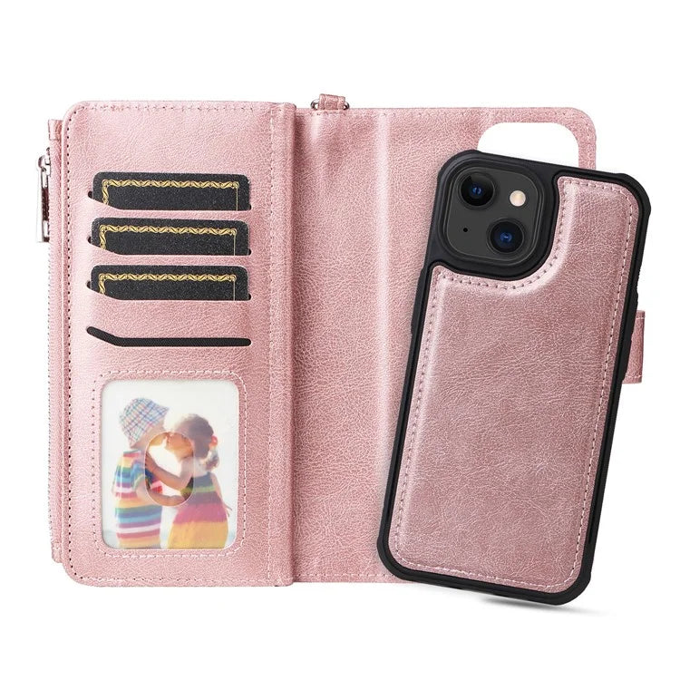 KT Multi-functional Series-4 Leather Phone Cover for iPhone 15 Case Wallet Stand Zipper Phone Shell