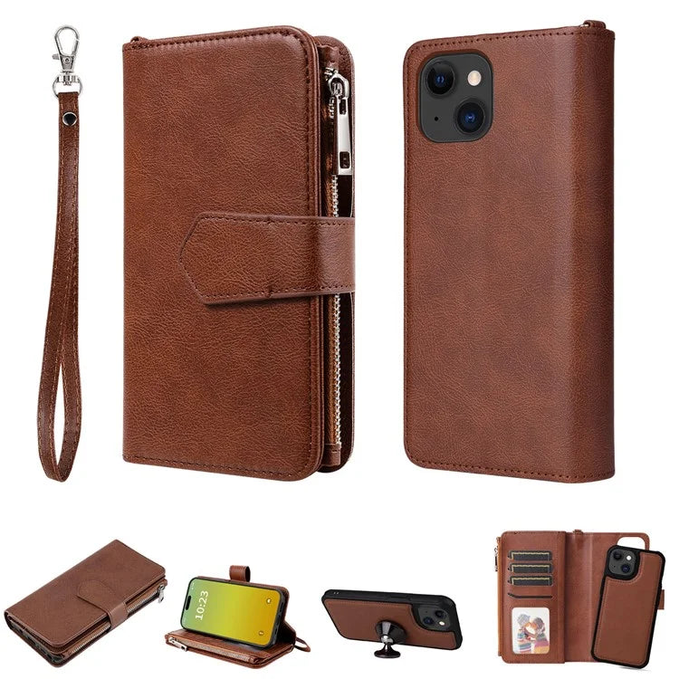 KT Multi-functional Series-4 Leather Phone Cover for iPhone 15 Case Wallet Stand Zipper Phone Shell