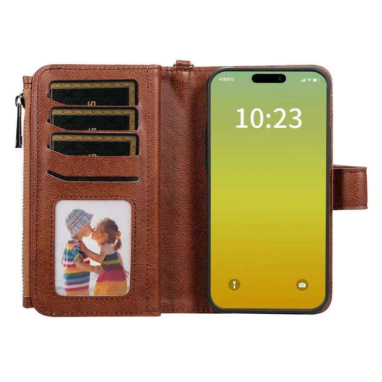 KT Multi-functional Series-4 Leather Phone Cover for iPhone 15 Case Wallet Stand Zipper Phone Shell