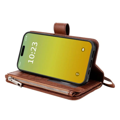 KT Multi-functional Series-4 Leather Phone Cover for iPhone 15 Case Wallet Stand Zipper Phone Shell