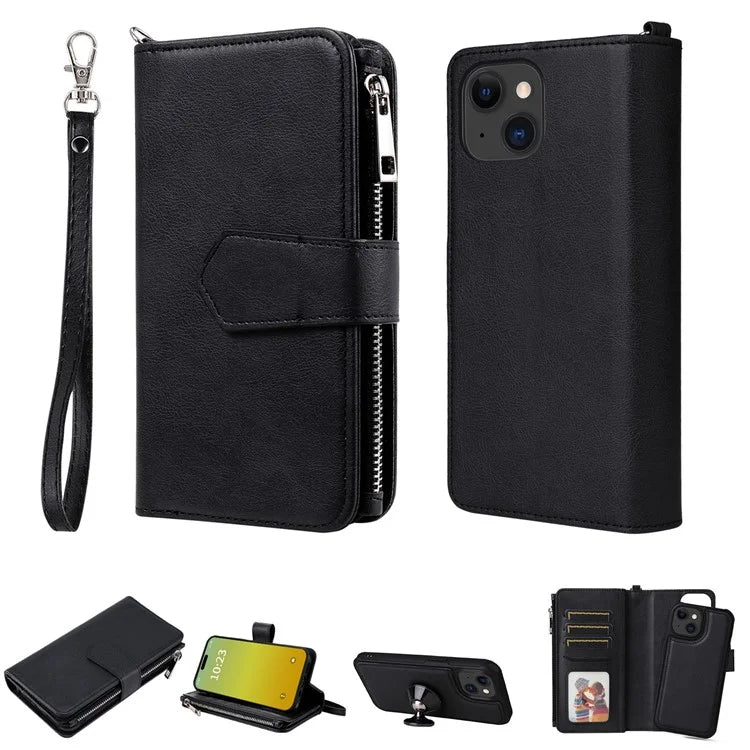 KT Multi-functional Series-4 Leather Phone Cover for iPhone 15 Case Wallet Stand Zipper Phone Shell