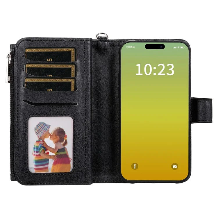 KT Multi-functional Series-4 Leather Phone Cover for iPhone 15 Case Wallet Stand Zipper Phone Shell