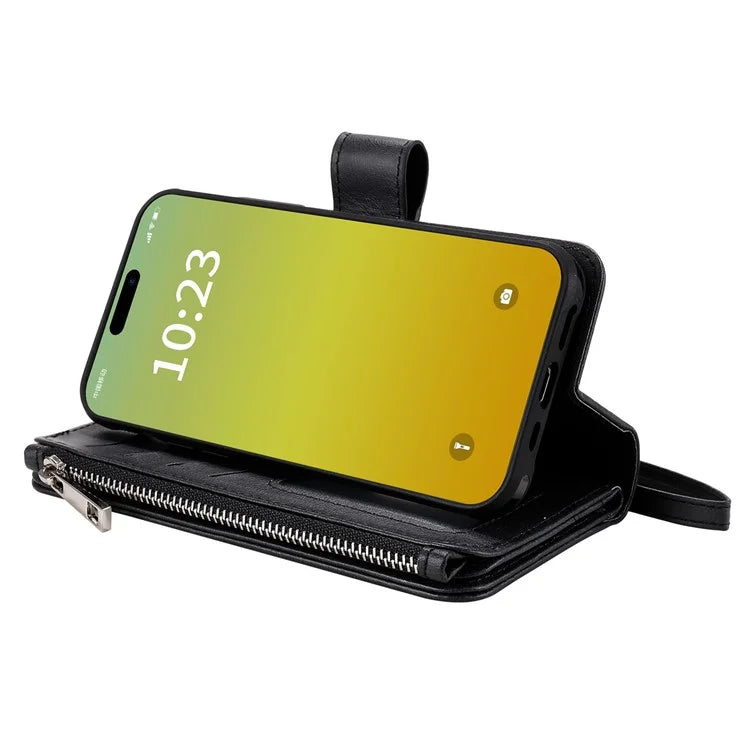 KT Multi-functional Series-4 Leather Phone Cover for iPhone 15 Case Wallet Stand Zipper Phone Shell