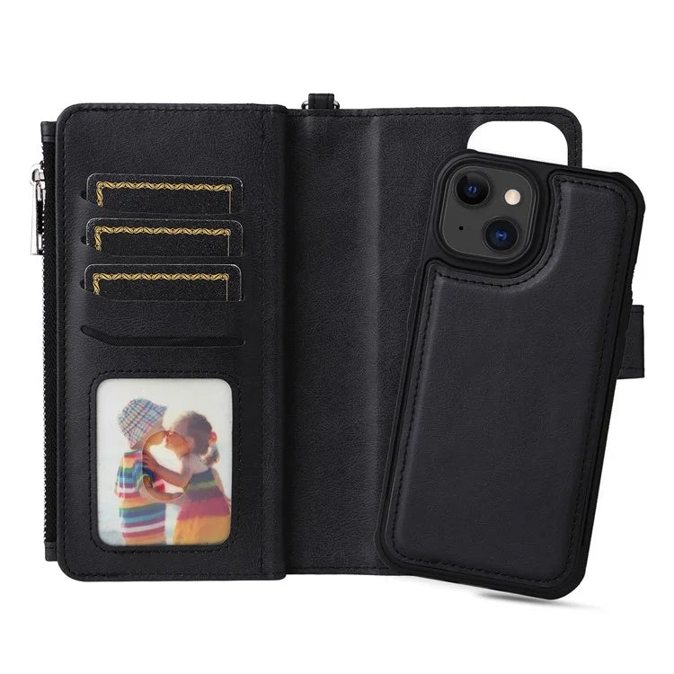 KT Multi-functional Series-4 Leather Phone Cover for iPhone 15 Case Wallet Stand Zipper Phone Shell