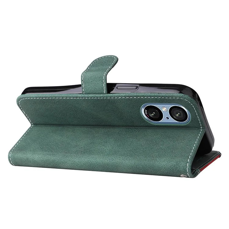 For Sony Xperia 5 V Case PU Leather Wallet Three-color Splicing Stand Smartphone Cover with Strap