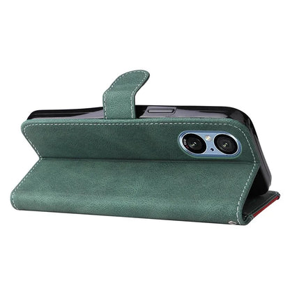 For Sony Xperia 5 V Case PU Leather Wallet Three-color Splicing Stand Smartphone Cover with Strap