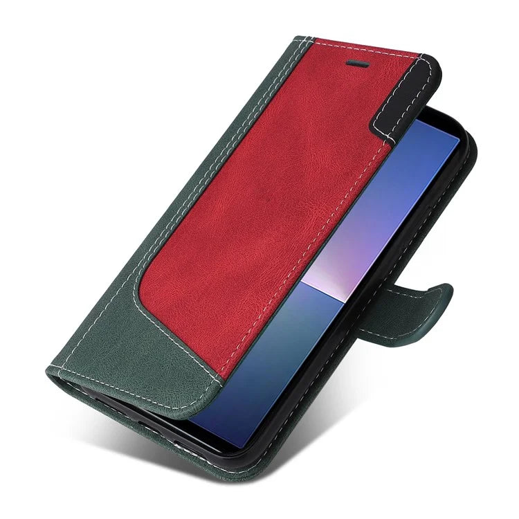 For Sony Xperia 5 V Case PU Leather Wallet Three-color Splicing Stand Smartphone Cover with Strap