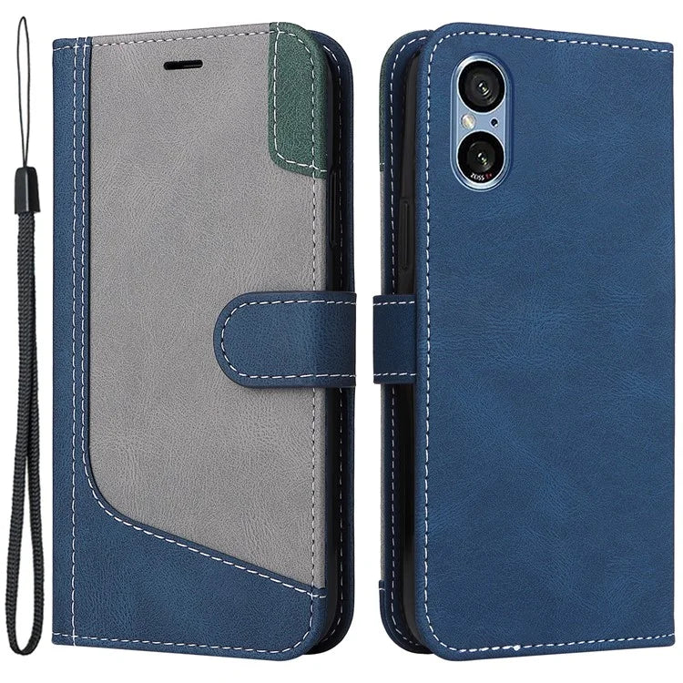 For Sony Xperia 5 V Case PU Leather Wallet Three-color Splicing Stand Smartphone Cover with Strap