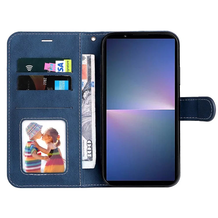 For Sony Xperia 5 V Case PU Leather Wallet Three-color Splicing Stand Smartphone Cover with Strap