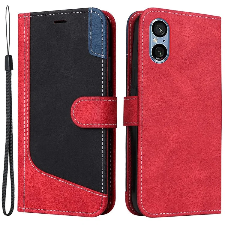 For Sony Xperia 5 V Case PU Leather Wallet Three-color Splicing Stand Smartphone Cover with Strap