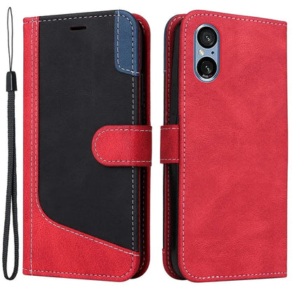 For Sony Xperia 5 V Case PU Leather Wallet Three-color Splicing Stand Smartphone Cover with Strap