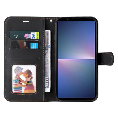 For Sony Xperia 5 V Case PU Leather Wallet Three-color Splicing Stand Smartphone Cover with Strap