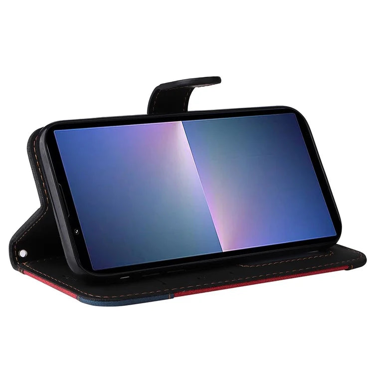 For Sony Xperia 5 V Case PU Leather Wallet Three-color Splicing Stand Smartphone Cover with Strap