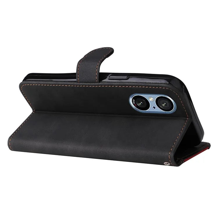 For Sony Xperia 5 V Case PU Leather Wallet Three-color Splicing Stand Smartphone Cover with Strap