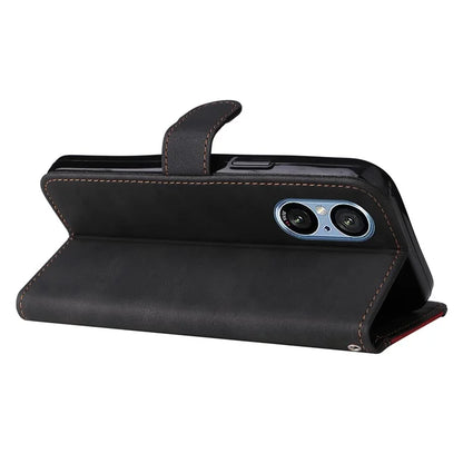 For Sony Xperia 5 V Case PU Leather Wallet Three-color Splicing Stand Smartphone Cover with Strap