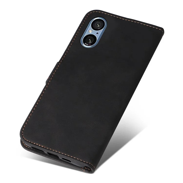For Sony Xperia 5 V Case PU Leather Wallet Three-color Splicing Stand Smartphone Cover with Strap