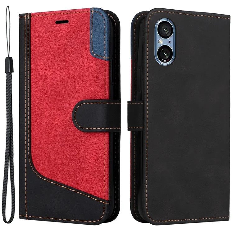 For Sony Xperia 5 V Case PU Leather Wallet Three-color Splicing Stand Smartphone Cover with Strap