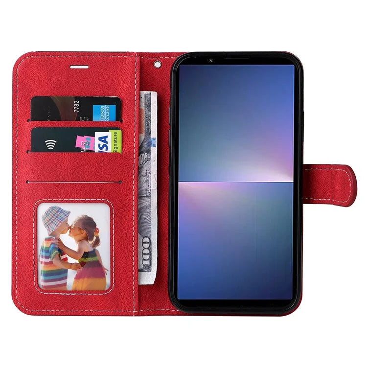 For Sony Xperia 5 V Case PU Leather Wallet Three-color Splicing Stand Smartphone Cover with Strap