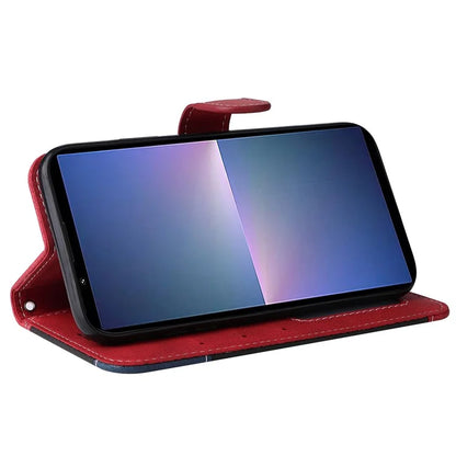 For Sony Xperia 5 V Case PU Leather Wallet Three-color Splicing Stand Smartphone Cover with Strap