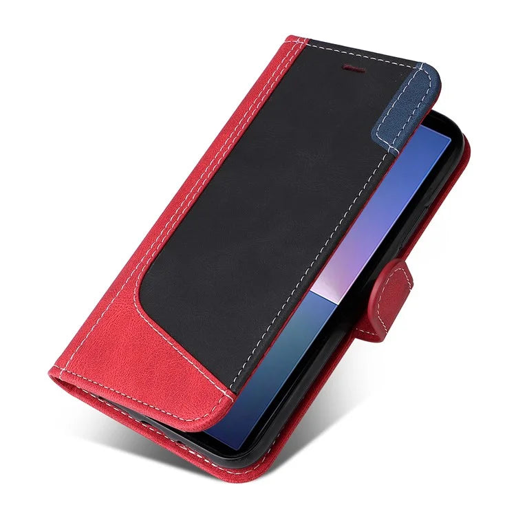 For Sony Xperia 5 V Case PU Leather Wallet Three-color Splicing Stand Smartphone Cover with Strap