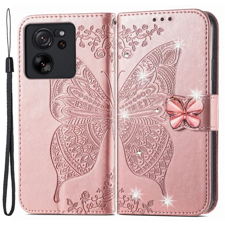 For Xiaomi 13T Pro / 13T / Redmi K60 Ultra Case Butterfly Imprinted Wallet Rhinestone Stand Leather Cover