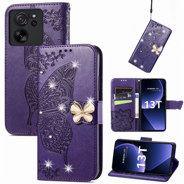For Xiaomi 13T Pro / 13T / Redmi K60 Ultra Case Butterfly Imprinted Wallet Rhinestone Stand Leather Cover