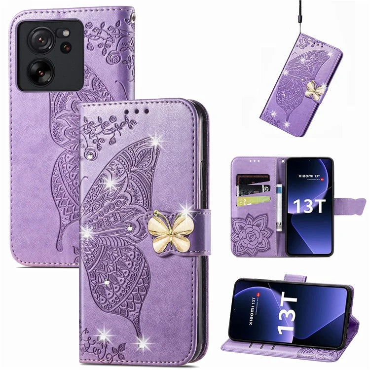 For Xiaomi 13T Pro / 13T / Redmi K60 Ultra Case Butterfly Imprinted Wallet Rhinestone Stand Leather Cover