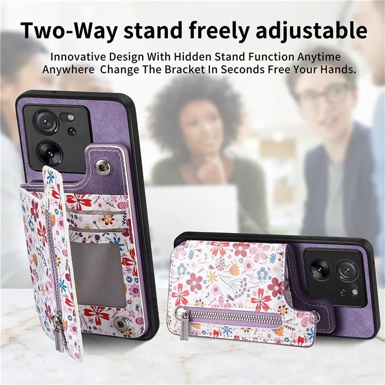 D10 For Xiaomi 13T / 13T Pro / Redmi K60 Ultra Case Kickstand PU+PC+TPU Phone Cover with Zipper Wallet