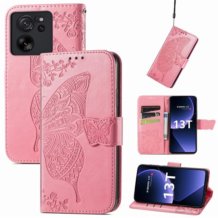 For Xiaomi 13T Pro / 13T / Redmi K60 Ultra Phone Case Butterfly Imprinted Anti-fall Wallet Stand Leather Cover