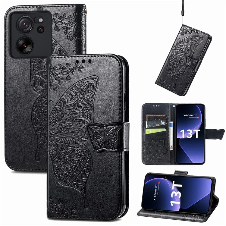 For Xiaomi 13T Pro / 13T / Redmi K60 Ultra Phone Case Butterfly Imprinted Anti-fall Wallet Stand Leather Cover
