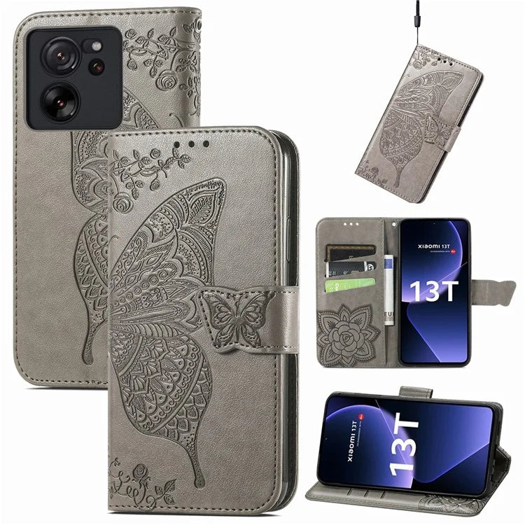For Xiaomi 13T Pro / 13T / Redmi K60 Ultra Phone Case Butterfly Imprinted Anti-fall Wallet Stand Leather Cover