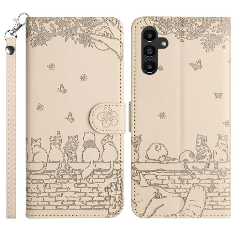 For Samsung Galaxy A05s 4G Case Wall Cats Imprinted PU Leather Wallet Phone Cover with Strap