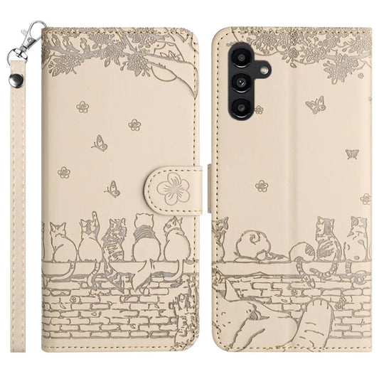 For Samsung Galaxy A05s 4G Case Wall Cats Imprinted PU Leather Wallet Phone Cover with Strap